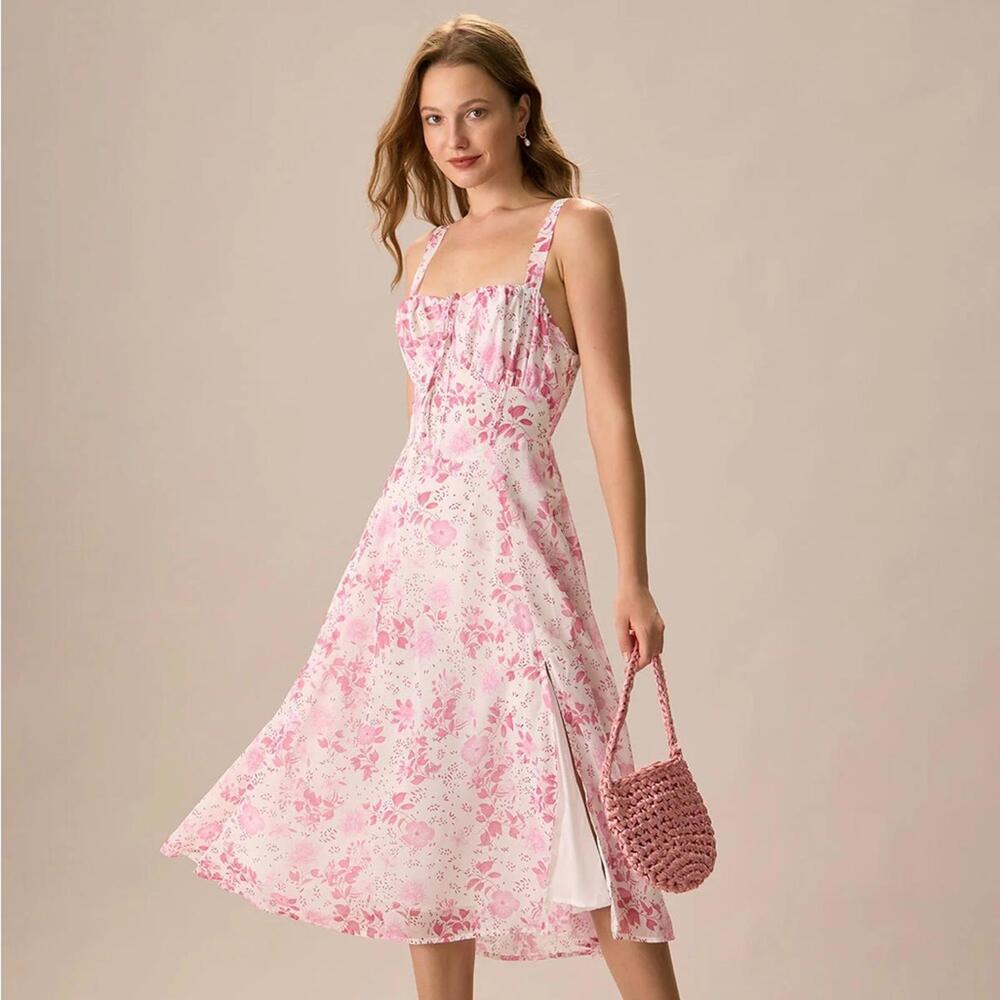 RIHOAS The Pink Square Neck Floral Ruched Midi Dress 15